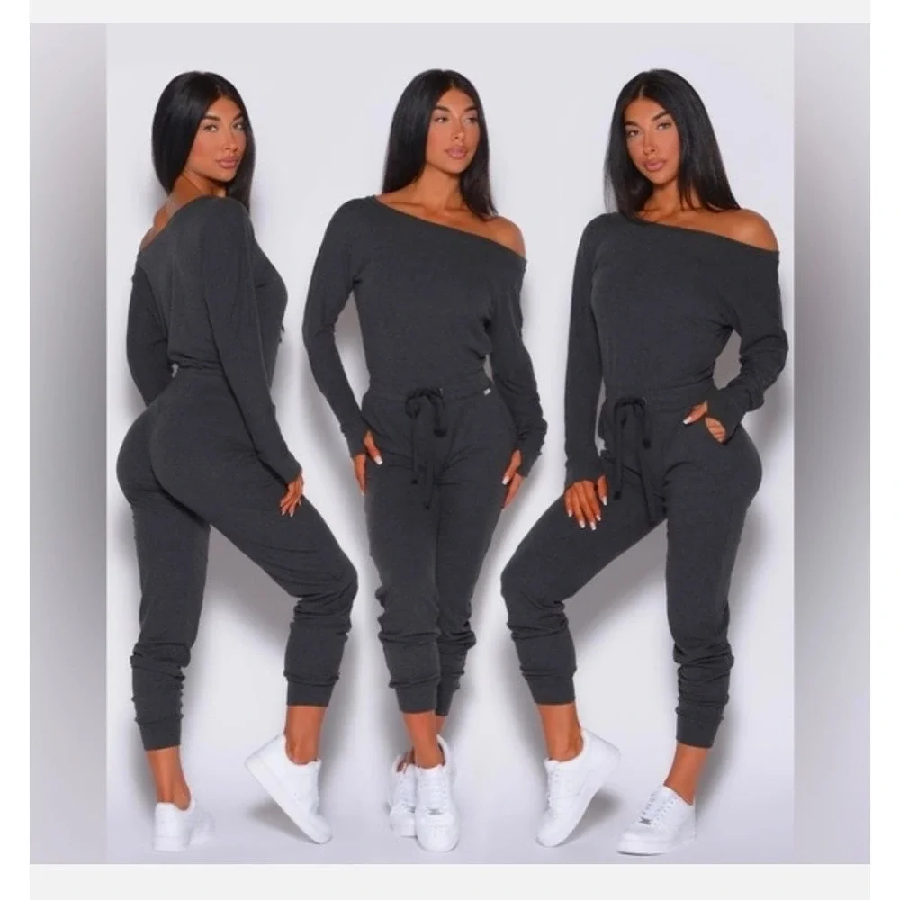 Bombshell Sportwear black charcoal off shoulder ribbed jumpsuit sexy sporty gym‎